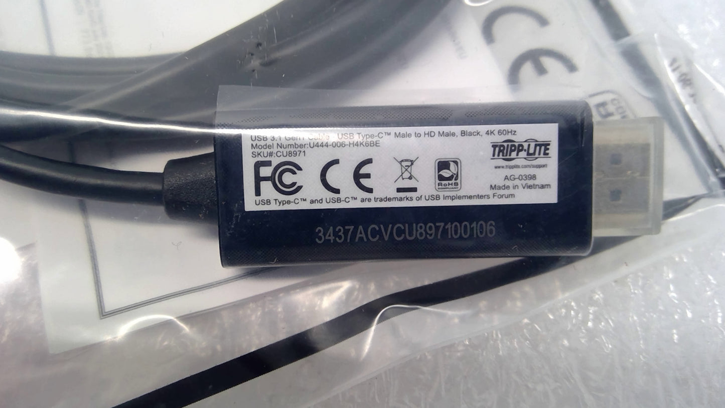 Tripp Lite USB 3.1 Gen1 Type-C to HDMI Male Cable 6ft Black U444-006-H4K6BE
