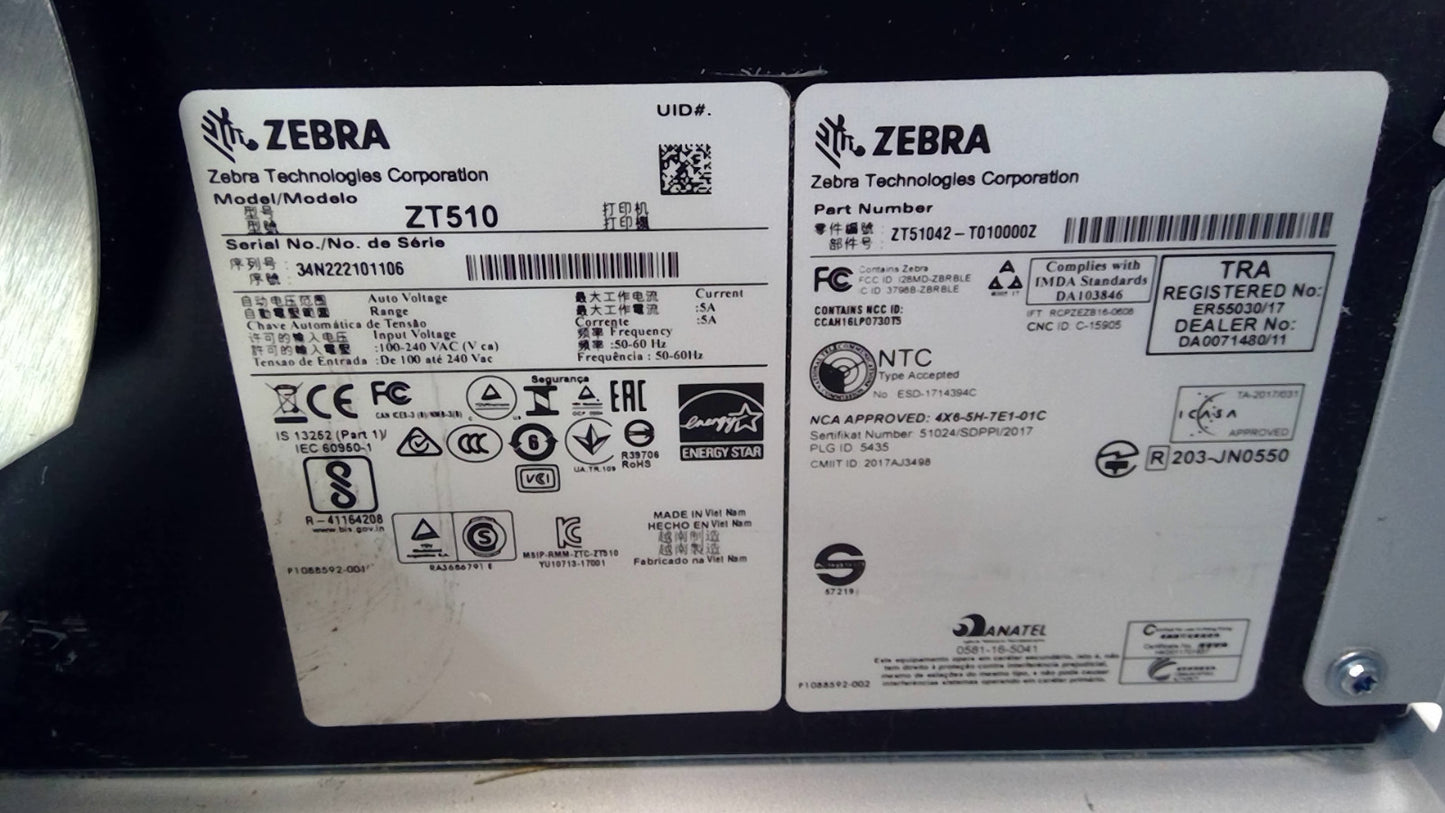 Zebra ZT510 Industrial Thermal Transfer Label Printer ZT51042-T010000Z Tested