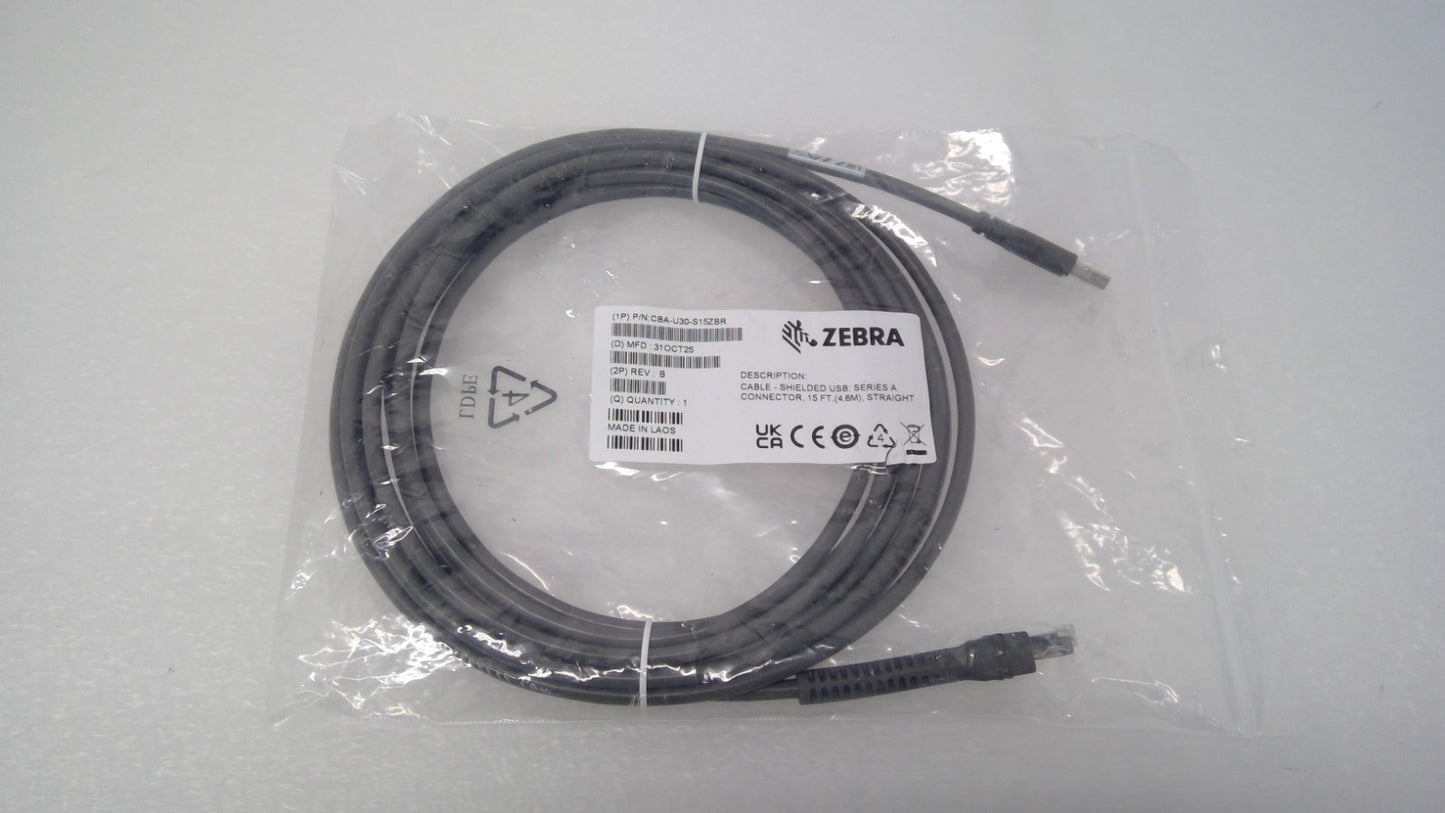 NEW Zebra CBA-U30-S15ZBR 15FT Replacement USB Data Transfer SCANNER Cable Grey