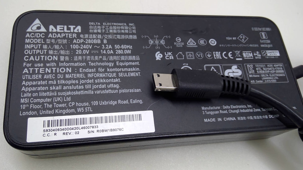 Genuine MSI Delta 280W ADP-280BB B 20V 14A 4-Pin Square Tip Charger