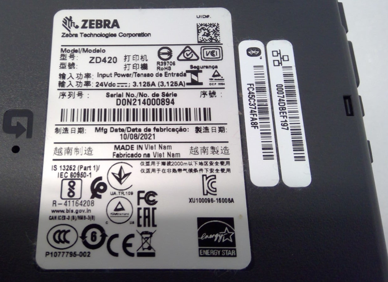 Original Zebra ZD420 Direct Thermal Printer，Bluetooth，WiFi，USB W/AC Adapter