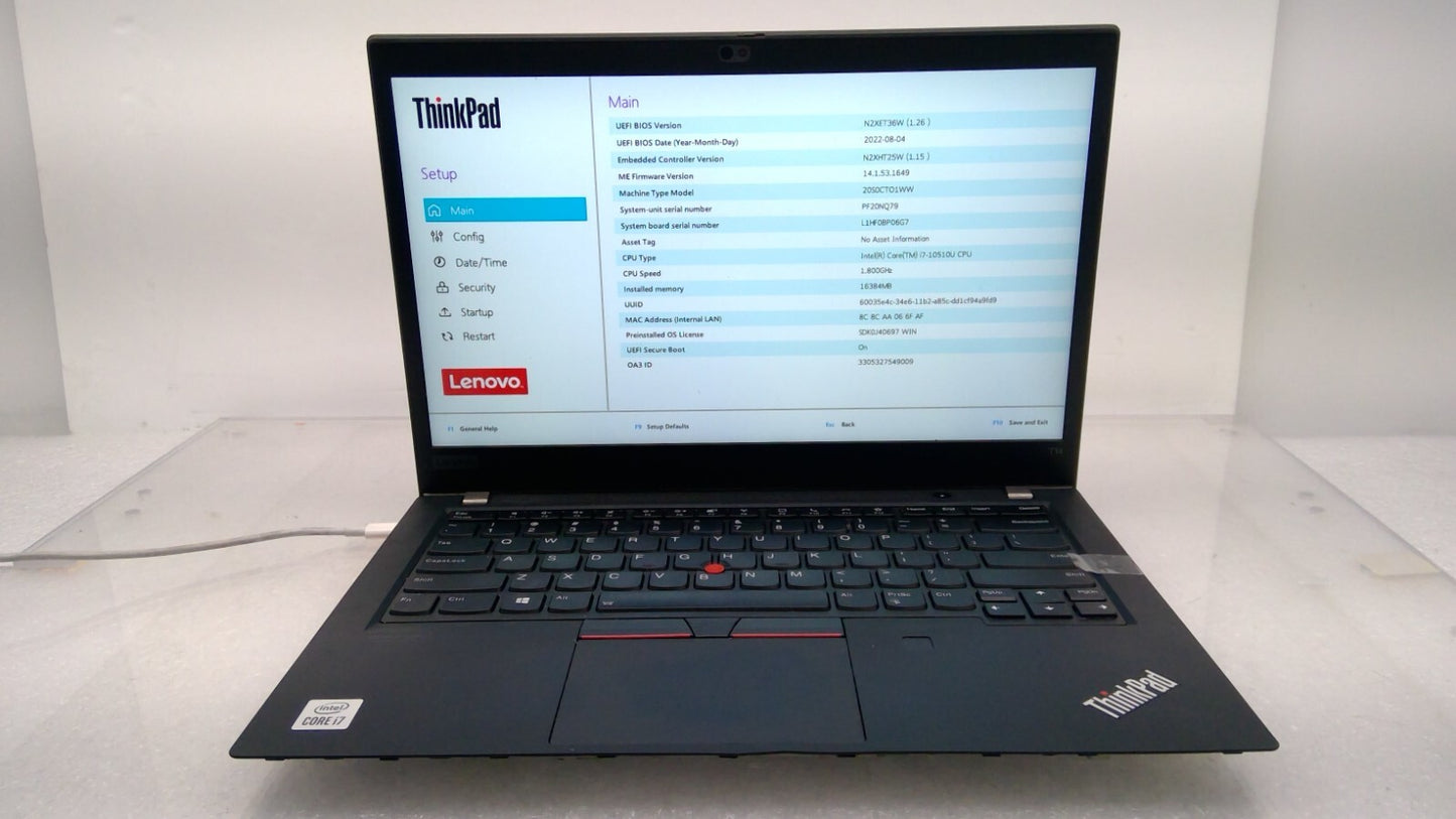 ThinkPad T14 Gen 1 14" Laptop i7-10510U@1.8GHz 16GB RAM B20/B22 No HDD *READ*