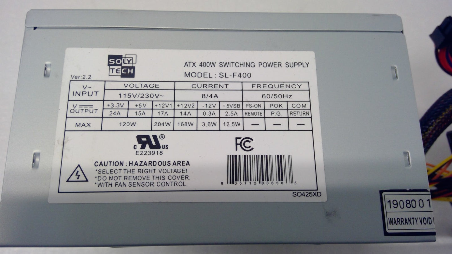 Soltech SL-F400 ATX 400W Power Supply, SATA, 24 Pin, 4 Pin Peripheral