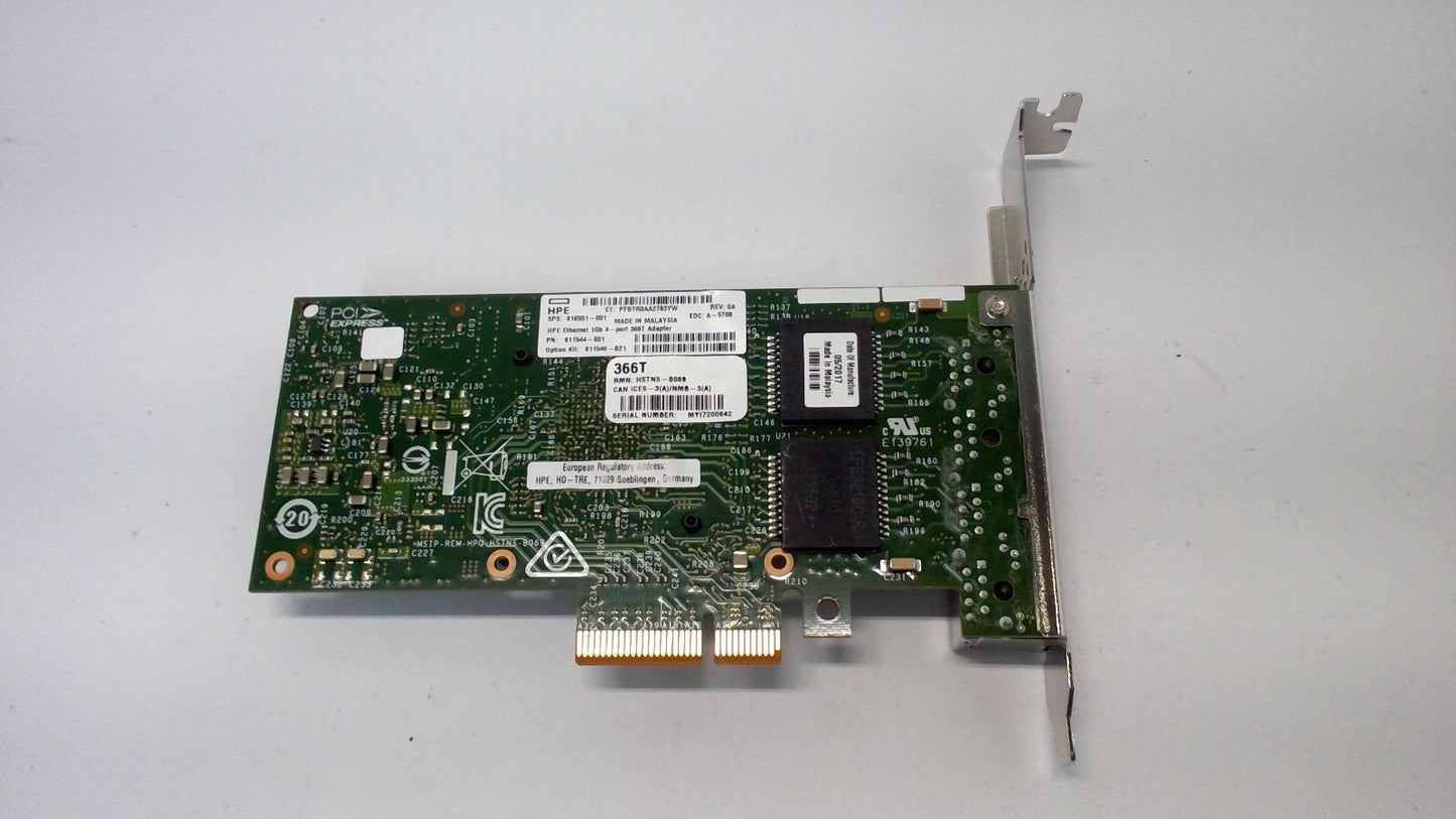 811546-B21 HP ETHERNET 1GB 4-PORT 366T ADAPTER 816551-001 81154 High Brackets