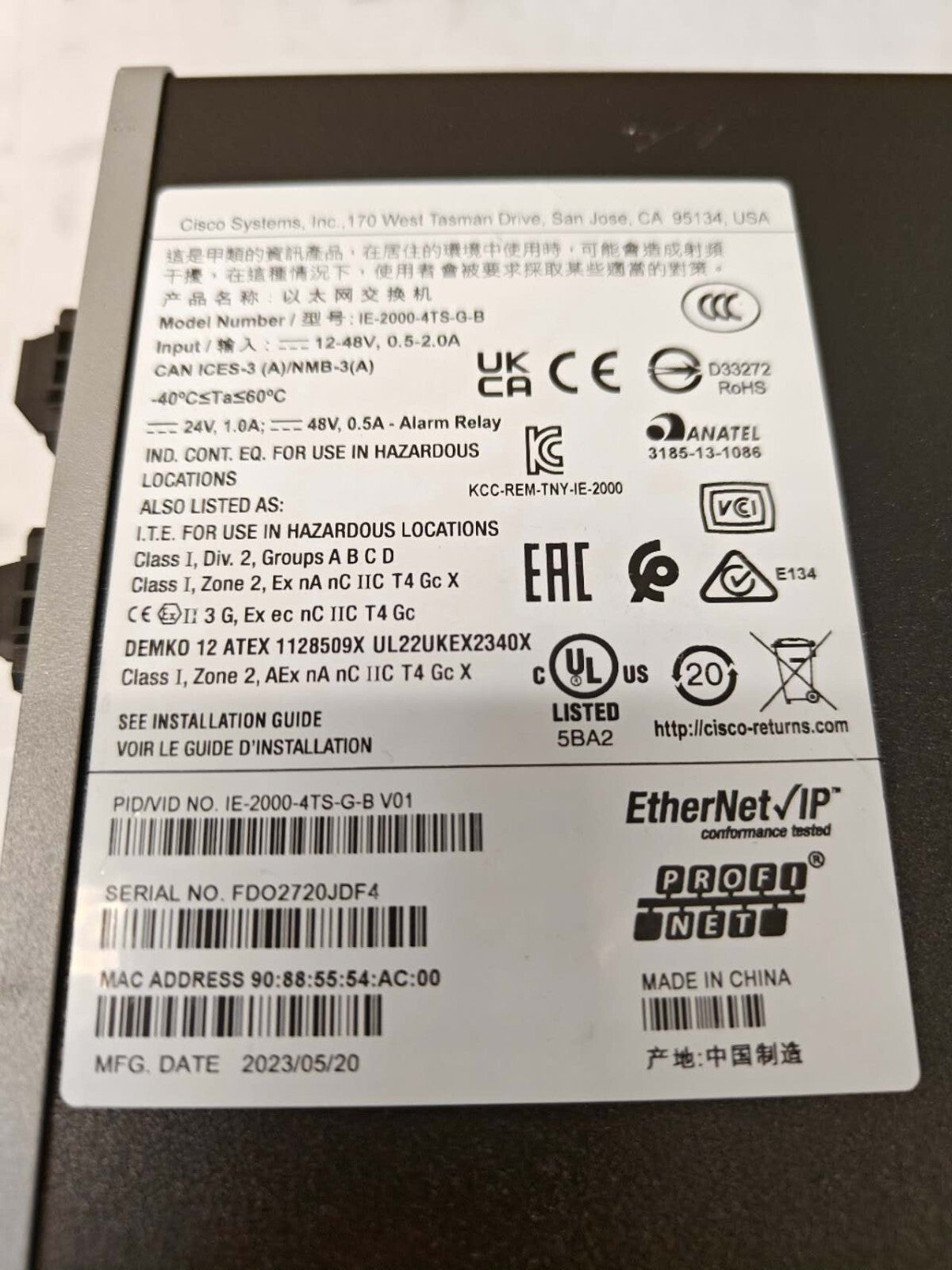 Cisco IE-2000-4TS-G-B 2000 Series 4 Port Ethernet Industrial Switch