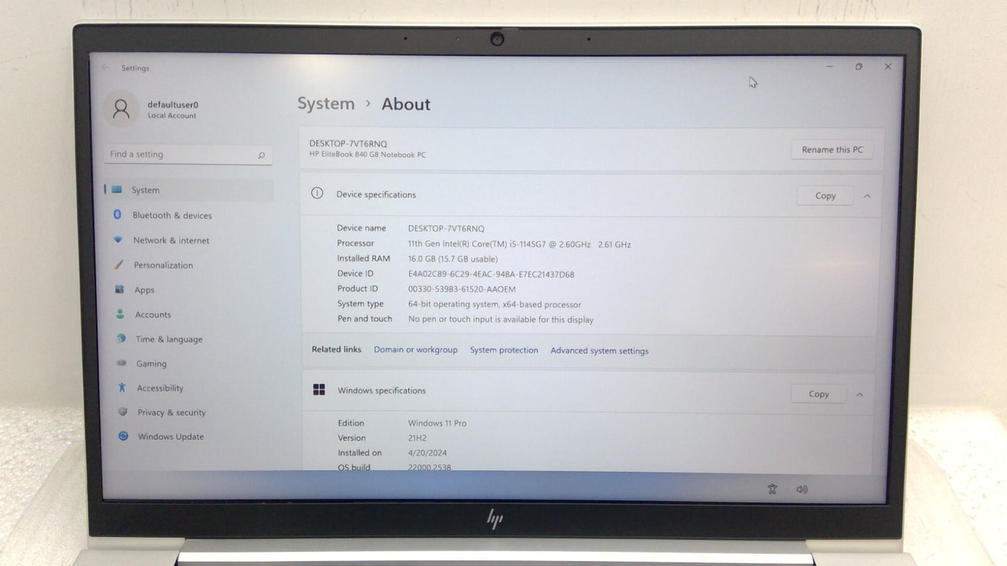 HP EliteBook 840 G8 14"  i5-1145G7@2.6GHz 16G RAM 256GB SSD B13B20B22No battery*