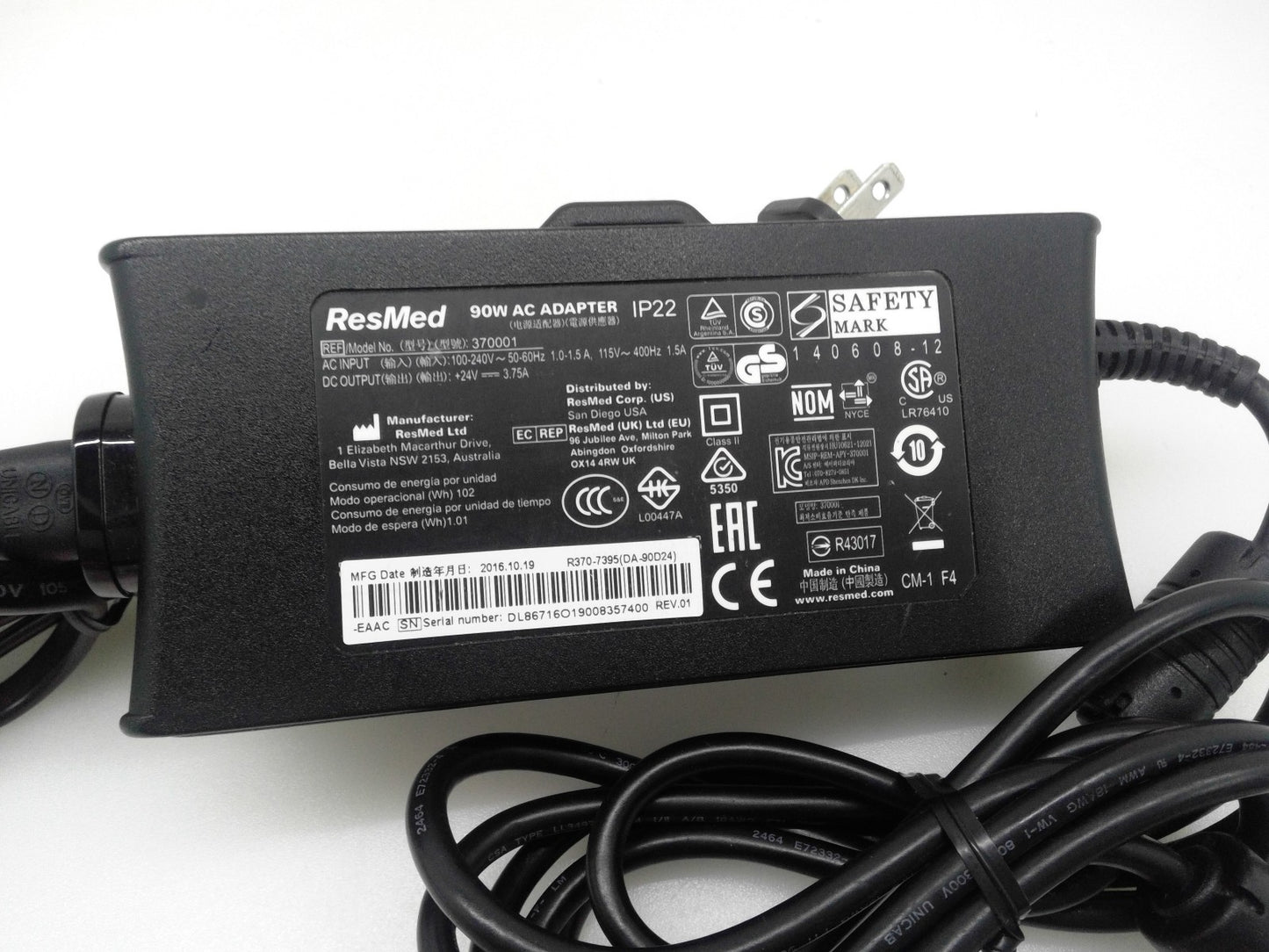 ResMed Model 370001 90W AC Power Supply Plug Adapter AirSense 10 & AirCurve 10