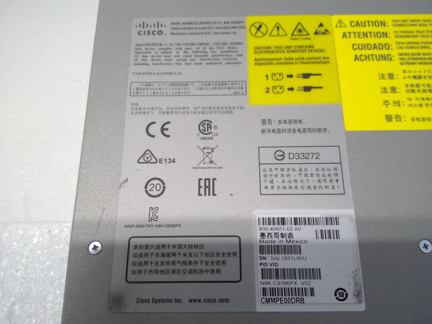 Cisco N9K-C9396PX Nexus Switch 9300 48x 1/10G SFP+ 2X N9K-PAC-650W