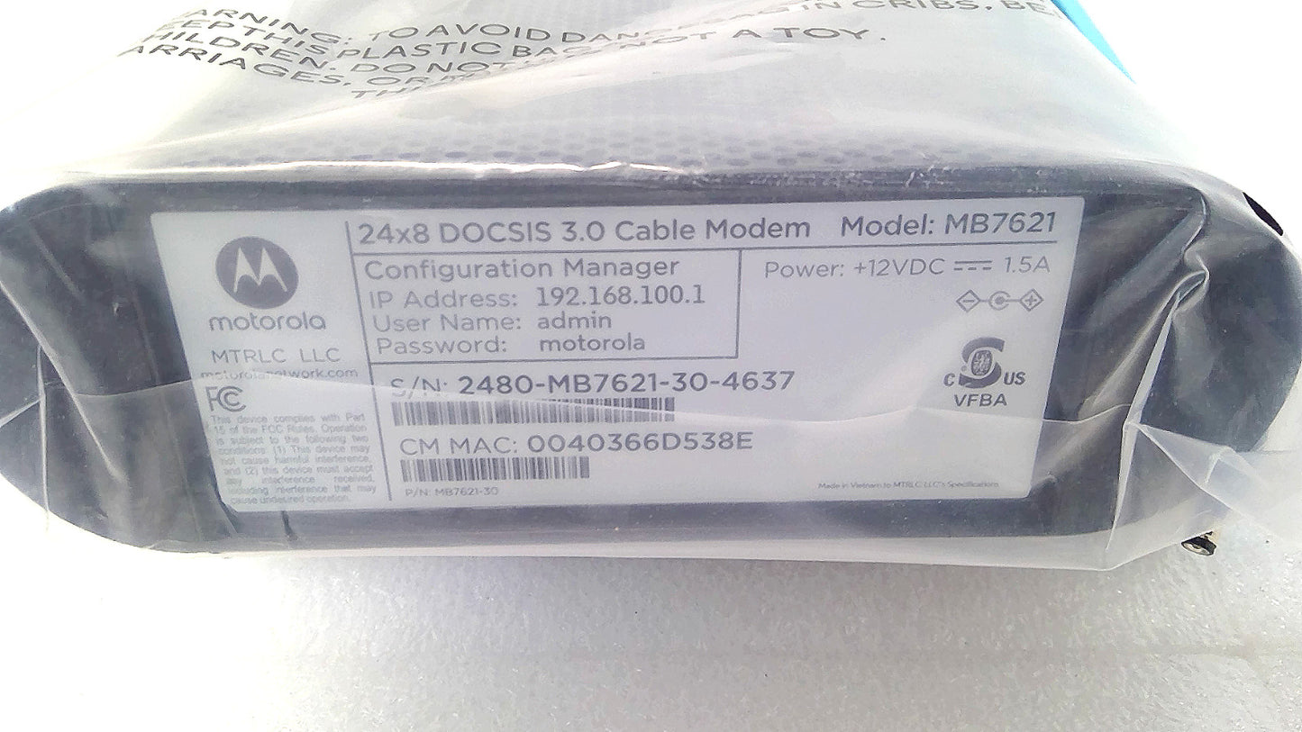 Open Box Motorola MB7621 1802 V1.0 Modem 1000 MBPS 24x8 Cable