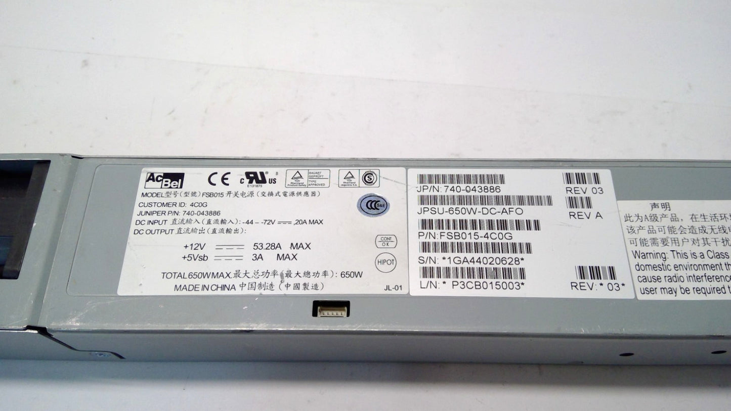 JUNIPER JPSU-650W-DC-AFO 740-043886 650W DC Power Supply For QFX AND EX SERIES