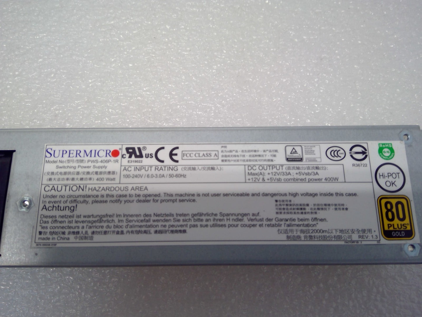 SuperMicro PWS-406P-1R 80 Plus Gold 400W Power Supply
