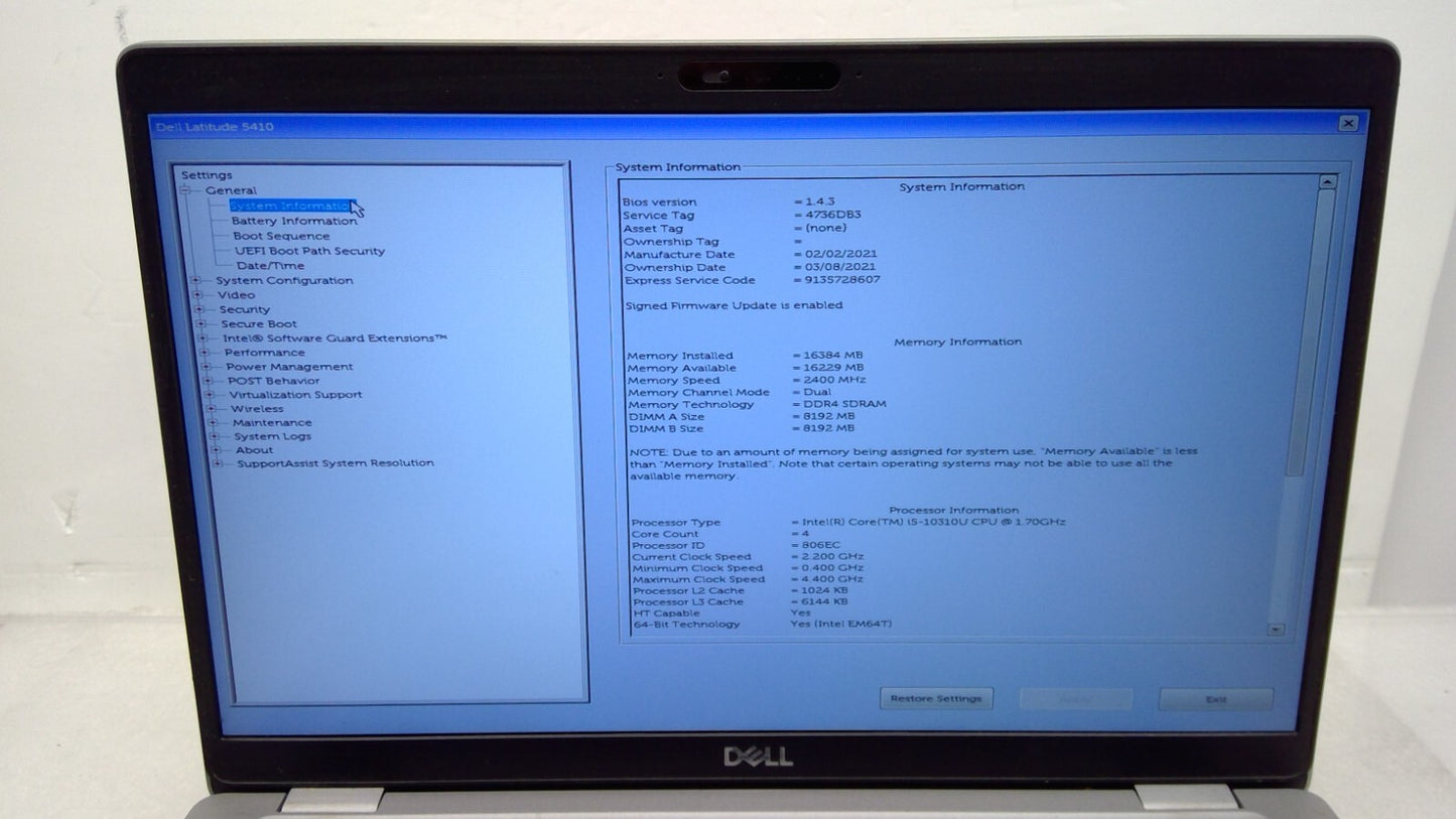 *Read* Dell Latitude 5410 14" Touch i5-10310U@1.7GHz 16G RAM No HDD/ Battery