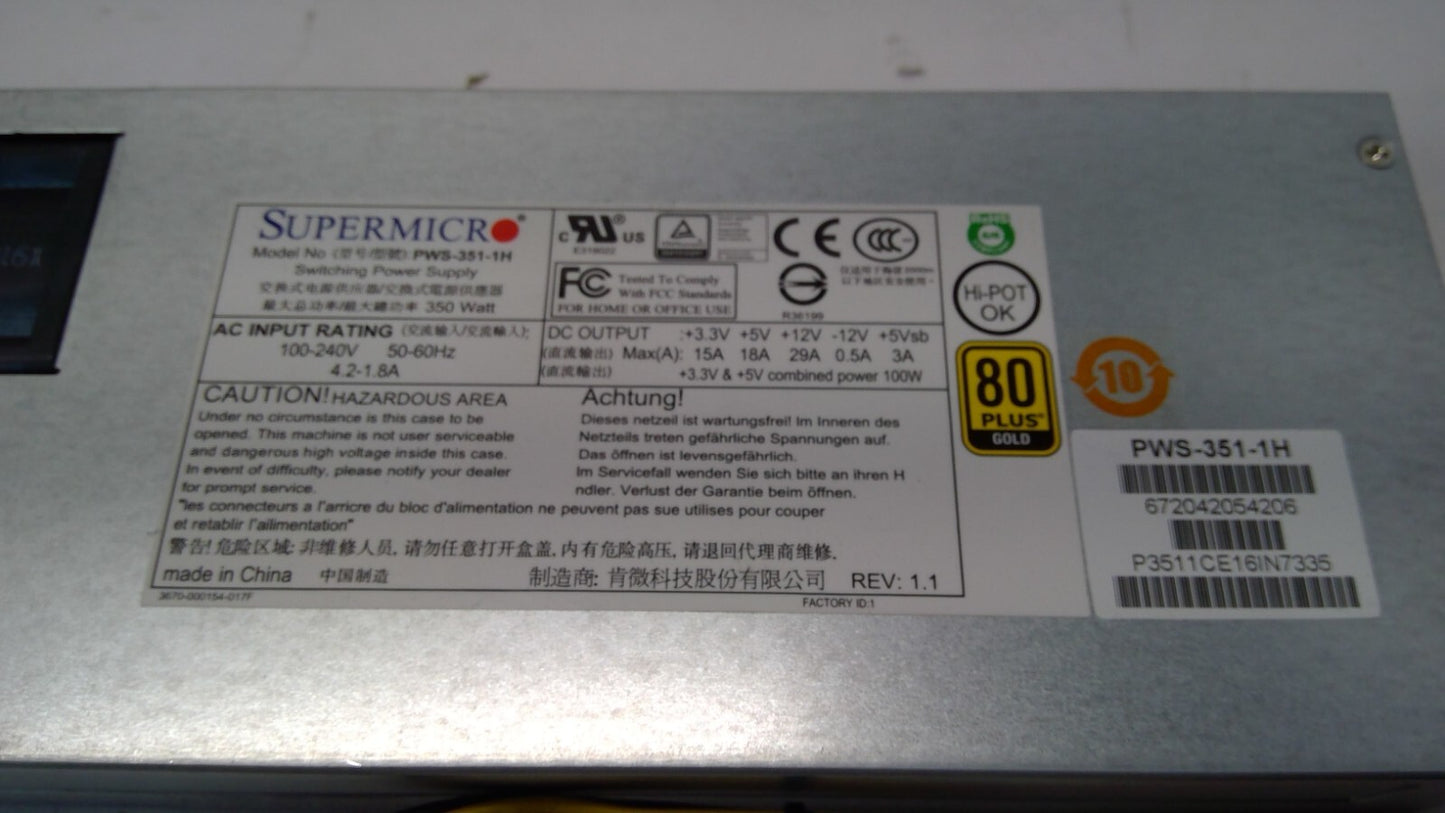 Genuine Supermicro PWS-351-1H 80 Plus Gold 350W Server Power Supply