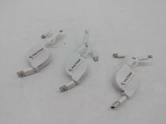Lot of 3 FACTION 3in1 Charging Cable Roll  Multi Function iPhone/USB-C/Micro USB