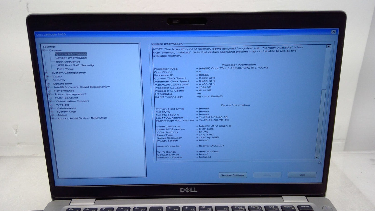 *Read* Dell Latitude 5410 14" Touch i5-10310U@1.7GHz 16G RAM No HDD/ Battery