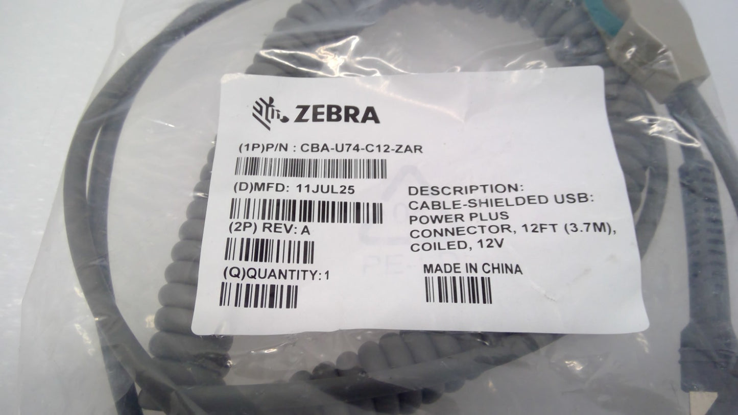 NEW Zebra CBA-U74-C12-ZAR Powered USB Cable 12V 12FT(3.7M) COILED Shielded POS