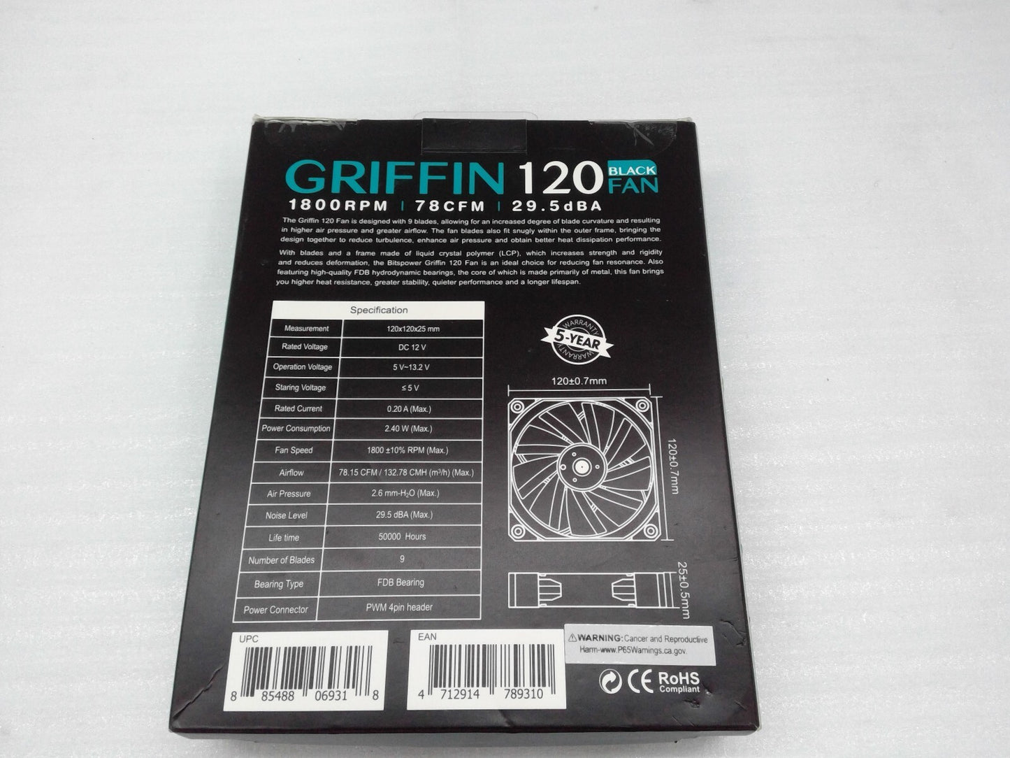 Bitspower Griffin 120 Black Fan 1800RPM 78CFM BPA-GF1218-BK