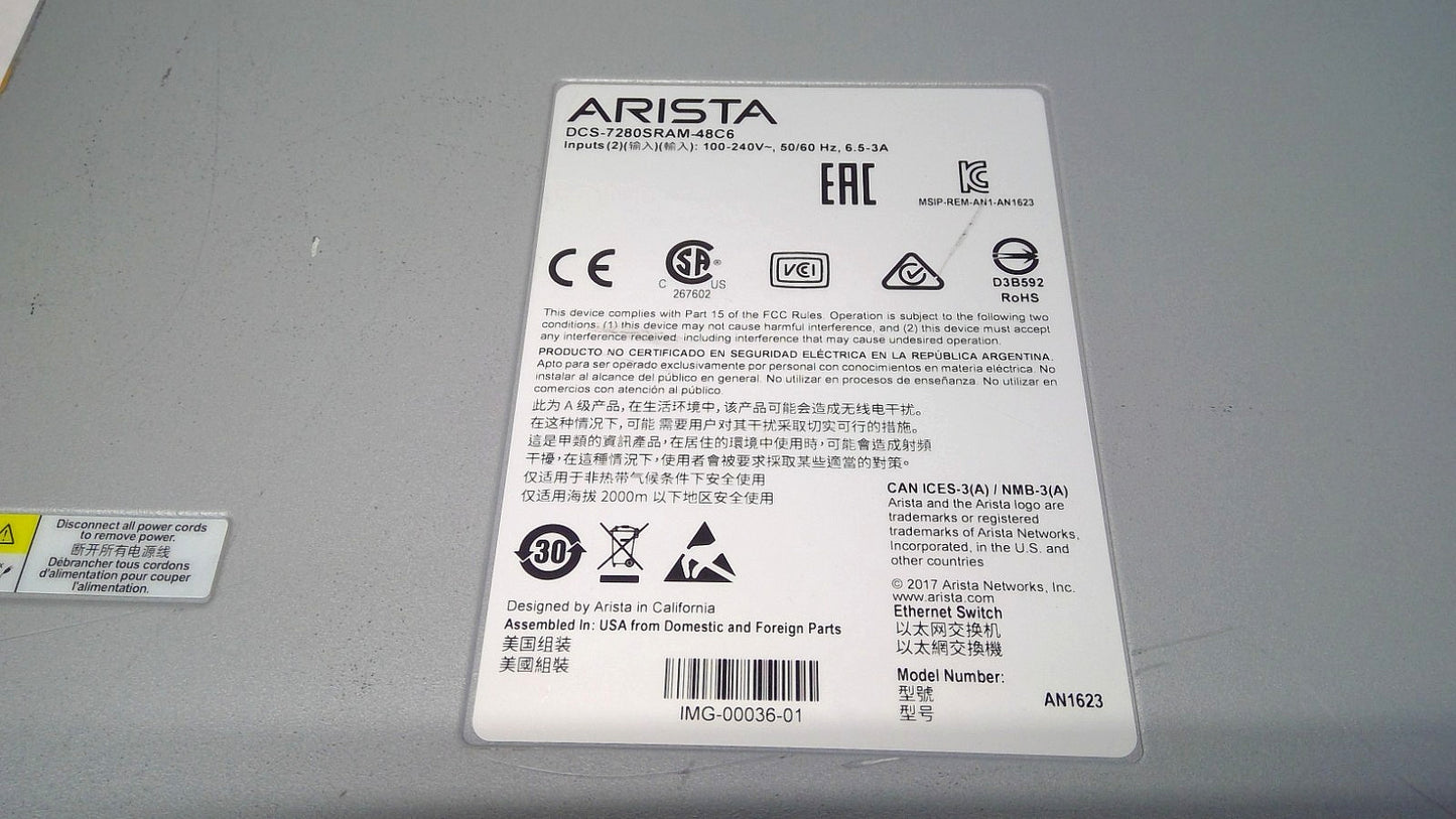 Arista 7280R Series DCS-7280SRAM-48C6-F 48x10G SFP+ 6x100G QSFP Switch