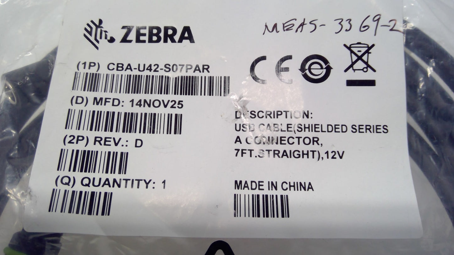 ZEBRA CBA-U42-S07PAR REVISION C, SHIELDED USB CABLE 7FT STRAIGHT 12V USED