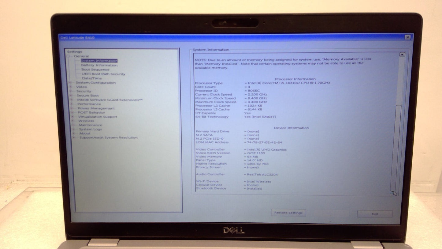 *Read*Dell Latitude 5410 14" Laptop i5-10310U@1.7GHz 16GB RAM  No HDD / Battery