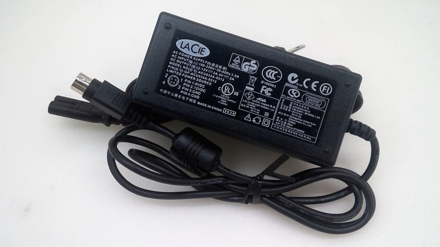 Genuine LaCie ACU034A-0512 4Pin 5V /12V 2A  Power Supply for External Hard Drive