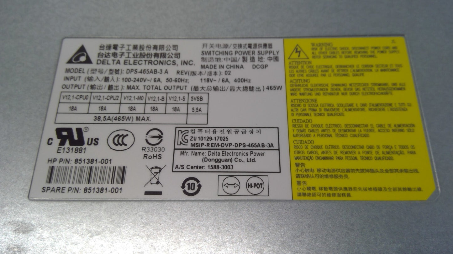 HP Z4 G4 465W Power Supply DPS-465AB-3 851381-001 100% Tested