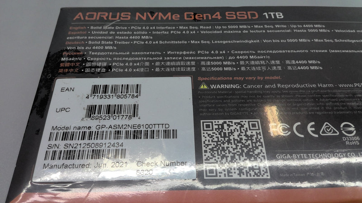 New Gigabyte Aorus Nvme Gen4 PCle 4.0x4 SSD 1TB GP-ASM2NE6100TTTD