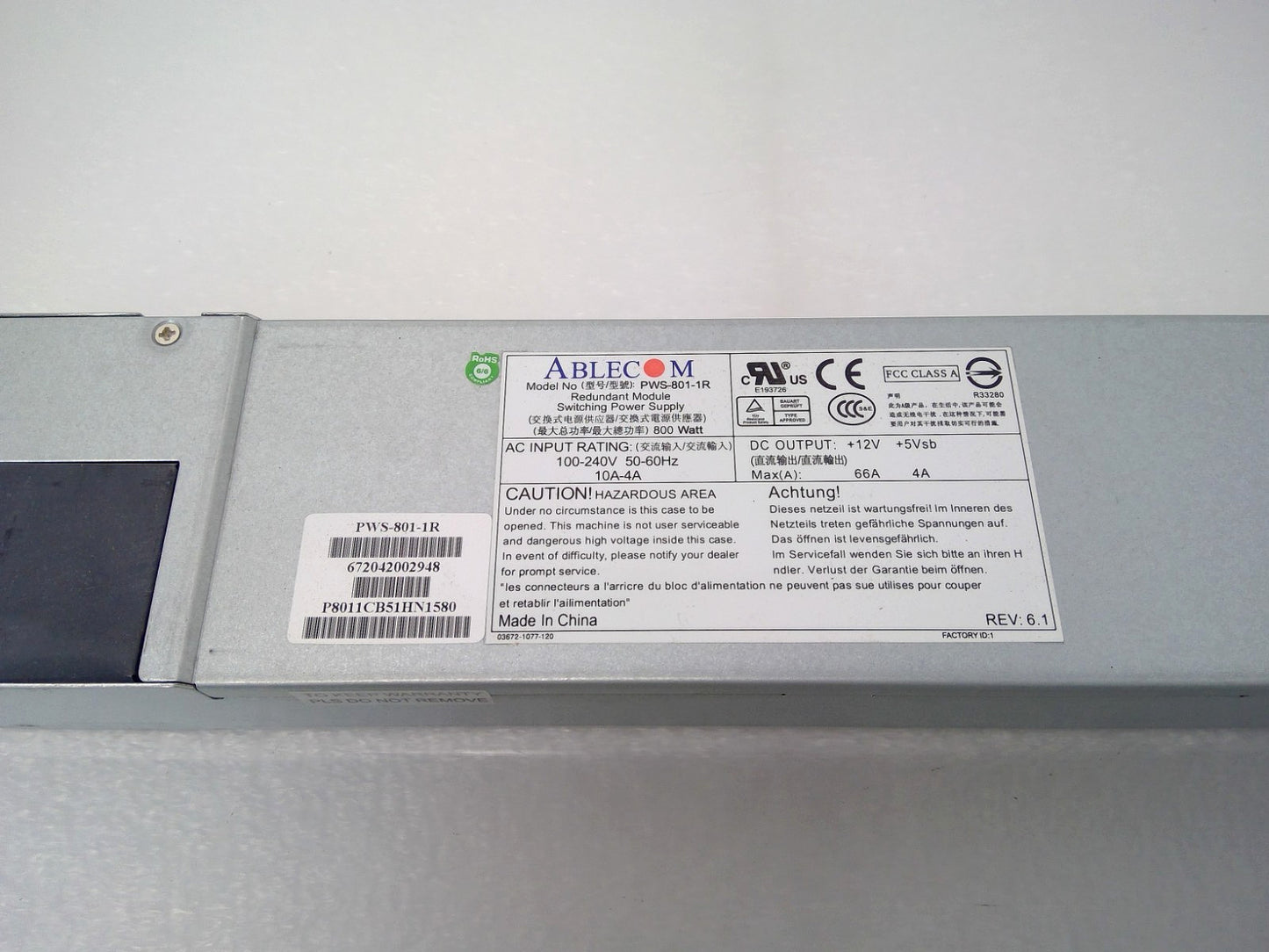 Ablecom PWS-801-1R 800W Redundant Module Switching Power Supply