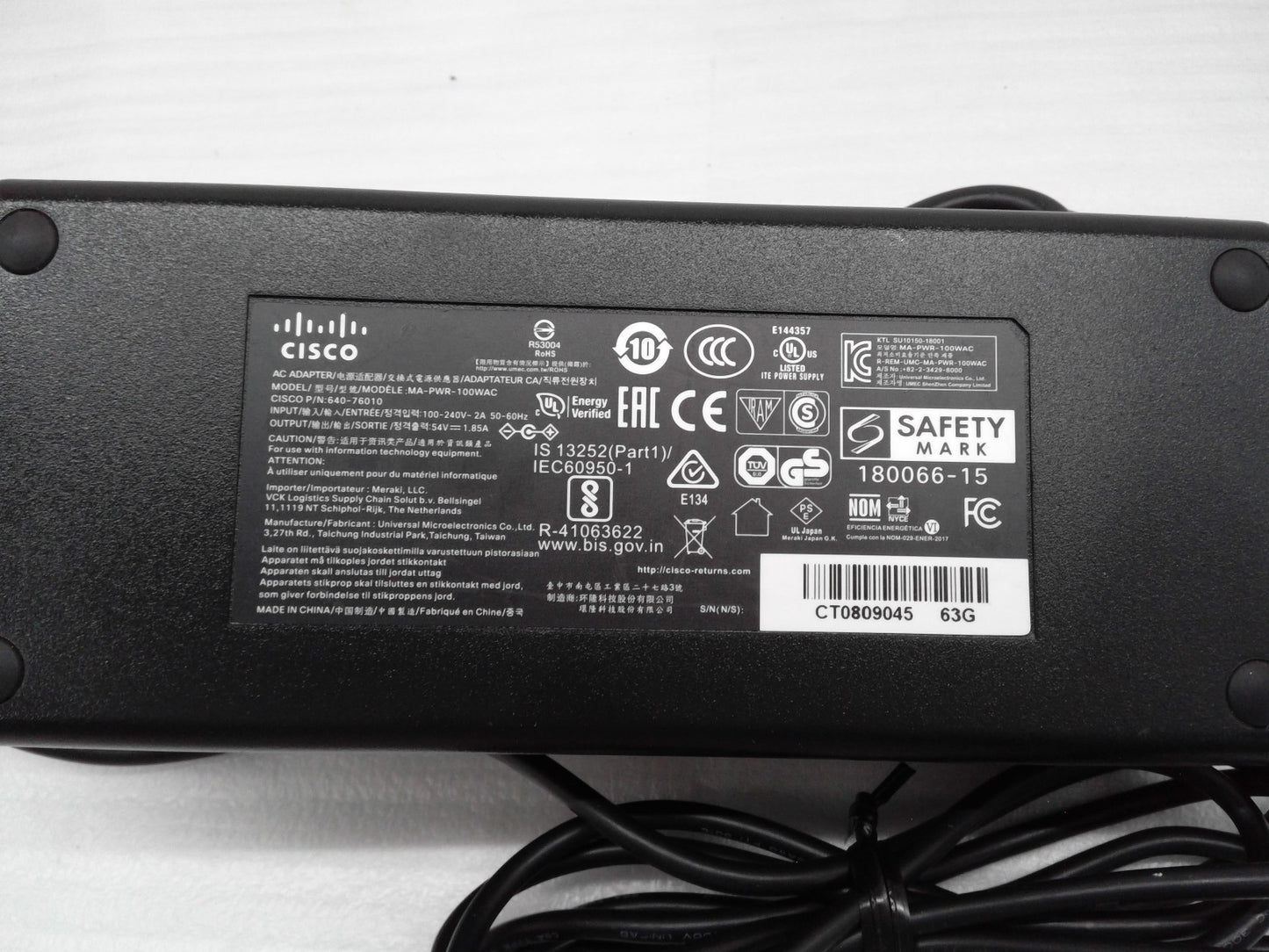 Oem 54V 1.85A Cisco MA-PWR-100WAC 640-76010 100W AC Adapter for Meraki MX68 MX75