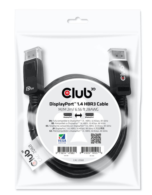 Club 3D CAC-2068 M/M 2M 6.56ft 28AWG DisplayPort 1.4 HBR3 Cable 32.4Gbps 8K 60Hz