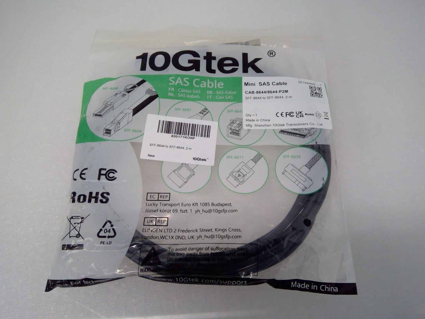 NEW 10Gtek CAB-8644/8644-P2M External HD Mini-SAS Cable SFF-8644  12Gbps 2M