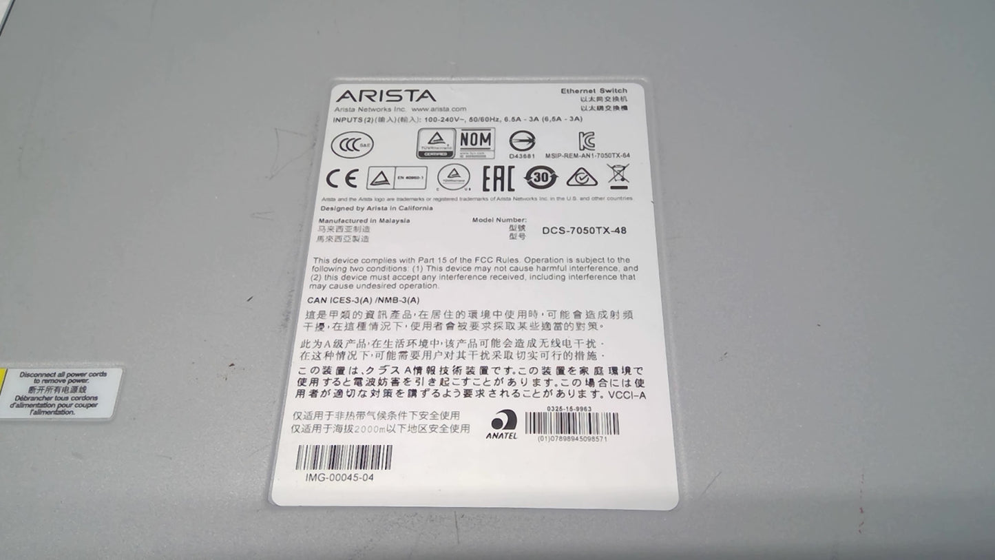 Arista DCS-7050TX-48-F 48-Port 10GbE RJ45 4x 40G QSFP+ Airflow Switch