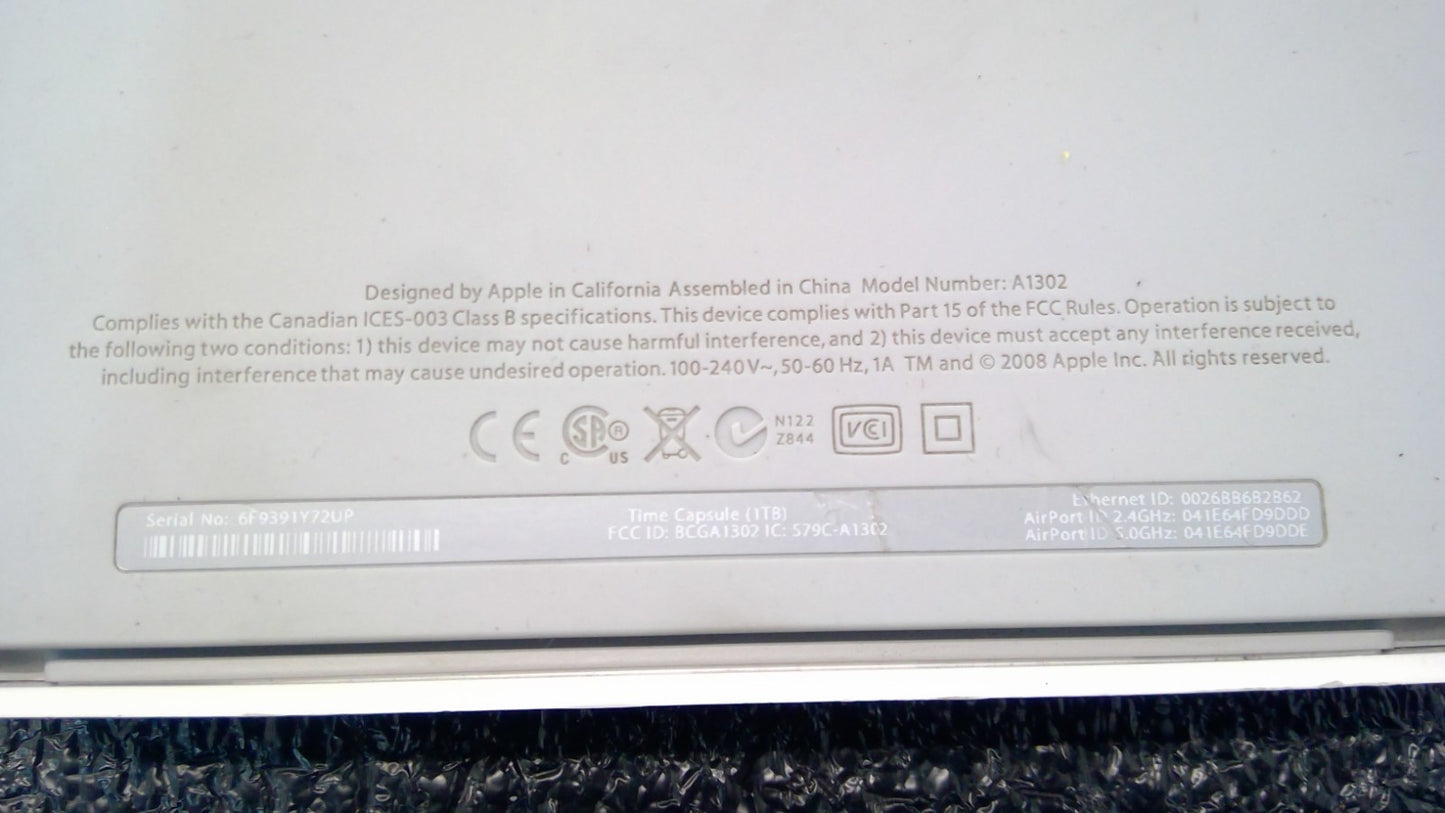 Apple AirPort Time Capsule 1TB Wireless Router A1302 No Power Cord