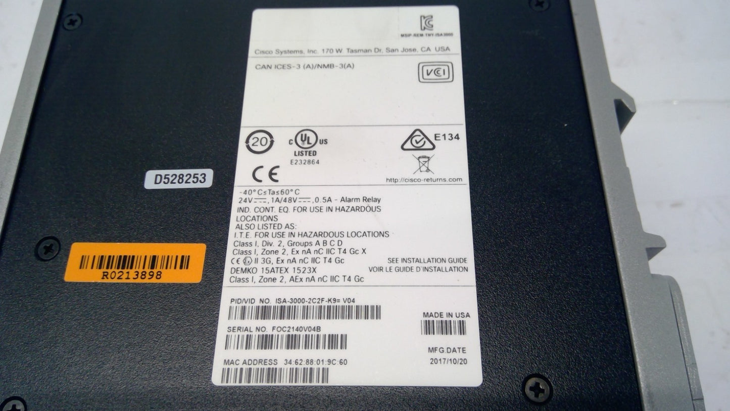 Cisco ISA-3000-2C2F-K9 ruggedized industrial security appliance Switch*READ*