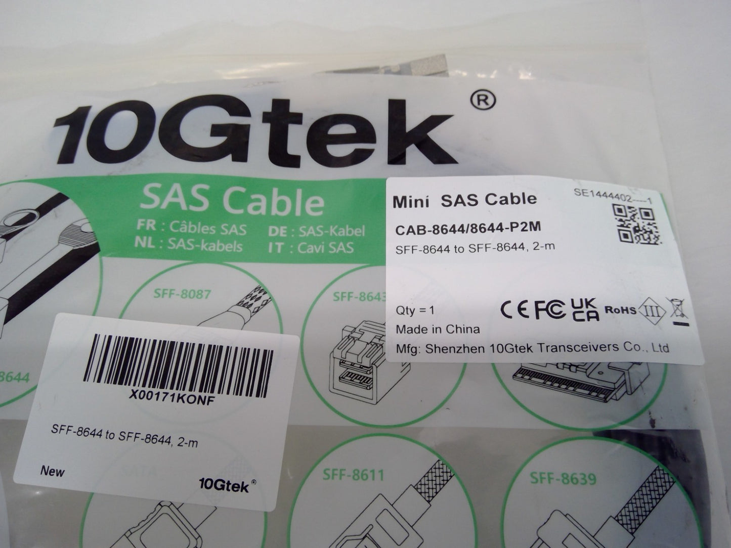 NEW 10Gtek CAB-8644/8644-P2M External HD Mini-SAS Cable SFF-8644  12Gbps 2M