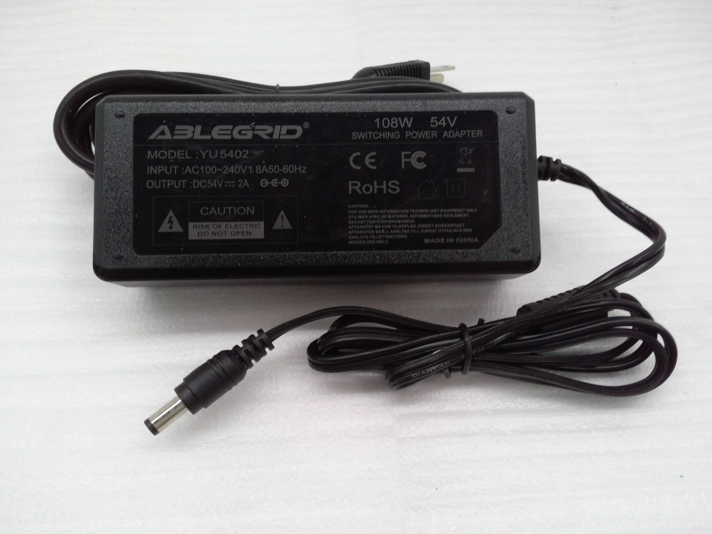 ABLEGRID YU5402 AC 100V-240V Adapter Charger DC 54V 2A 108W 5.5mm*2.5mm