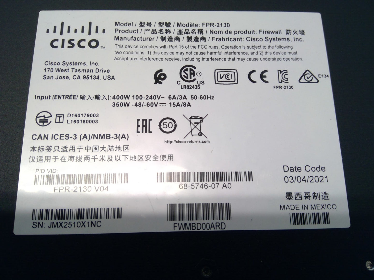 Cisco FPR-2130 Firepower NGFW Firewall Appliance 1U Rackmount ASA FTD Security