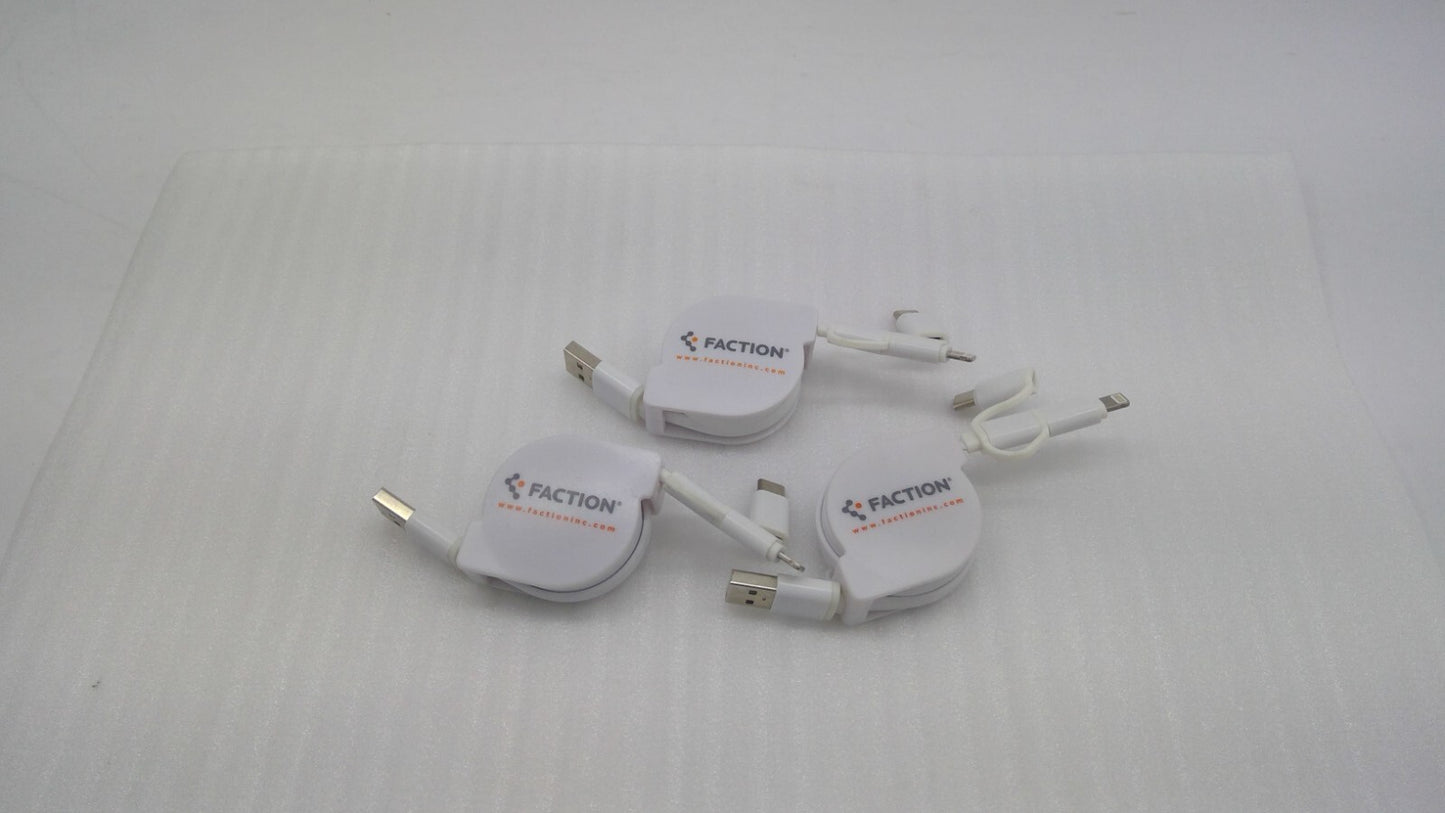 Lot of 3 FACTION 3in1 Charging Cable Roll  Multi Function iPhone/USB-C/Micro USB