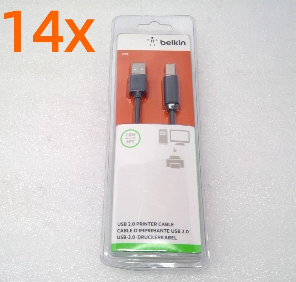 Lot of 14 NEW Belkin USB 2.0 Computer Printer Cables Black 10ft USB-B