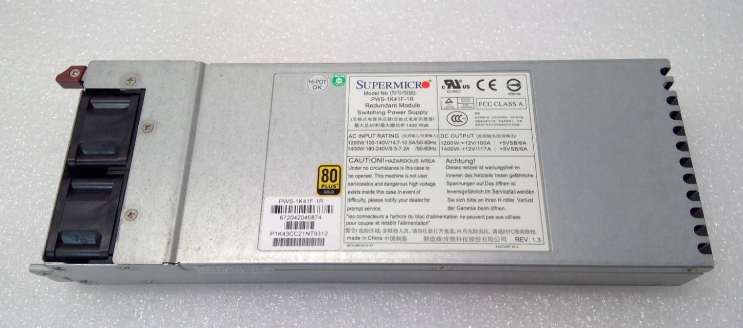 SUPERMICRO PWS-1K41P-1R 1400W 1U 80 Plus Gold Switching Power Supply