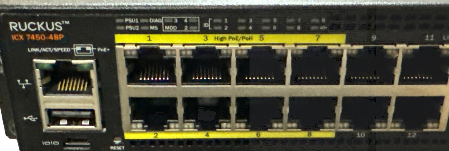Brocade Ruckus ICX 7450-48P 48 Port PoE+ Switch + ICX7400-4X10GF + 2x 40G