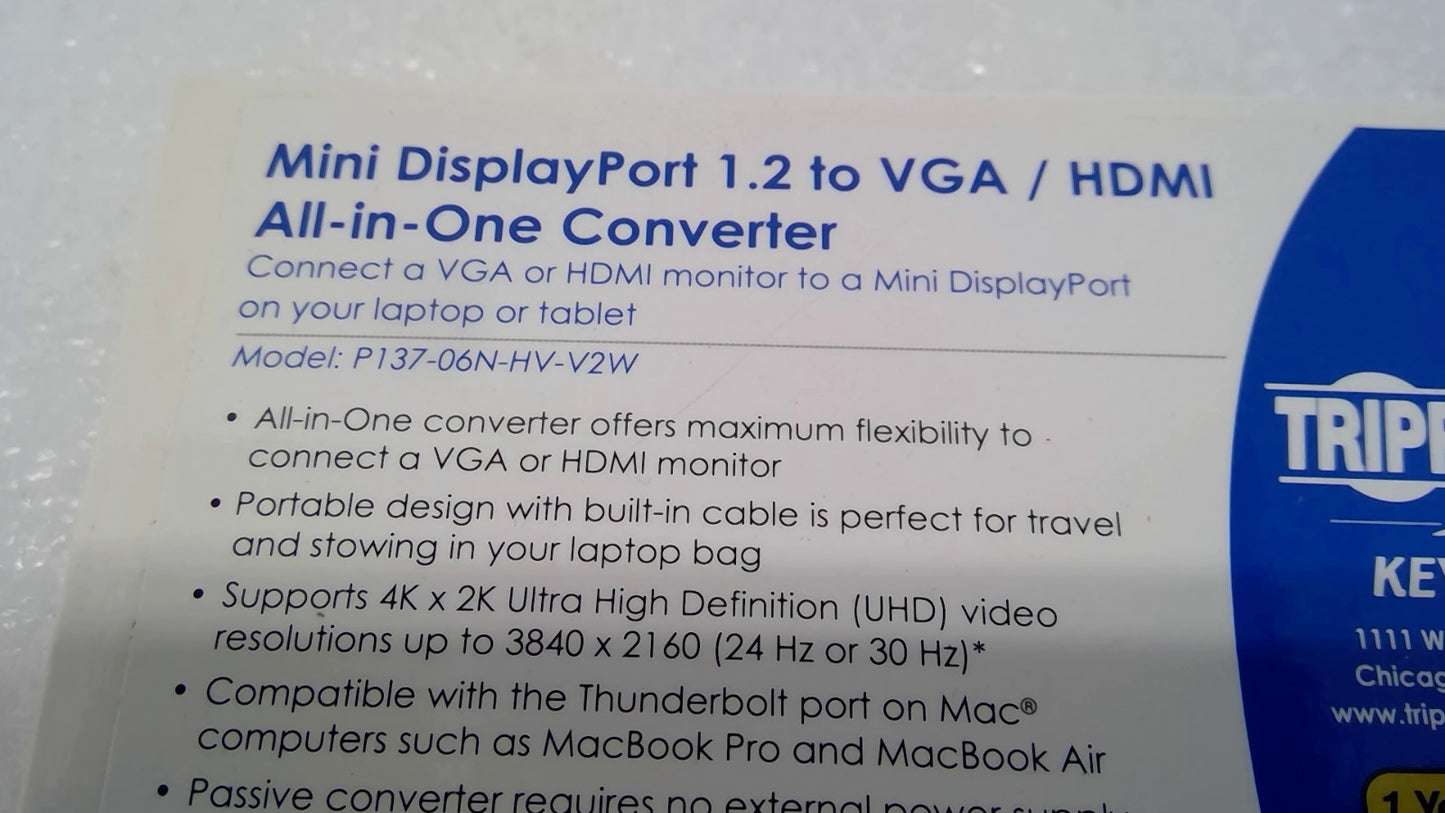Tripp Lite Keyspan Mini DP 1.2 to VGA/HDMI All-in-One Converter P137-06N-HV-V2W