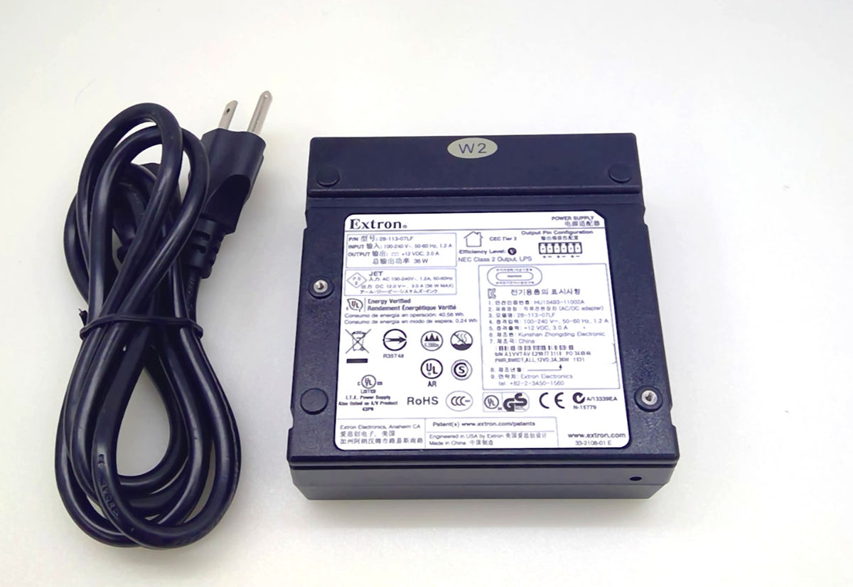 Extron 28-113-07LF 12V 3A 36W Power Supply w/ AC Cord No Terminal Plug