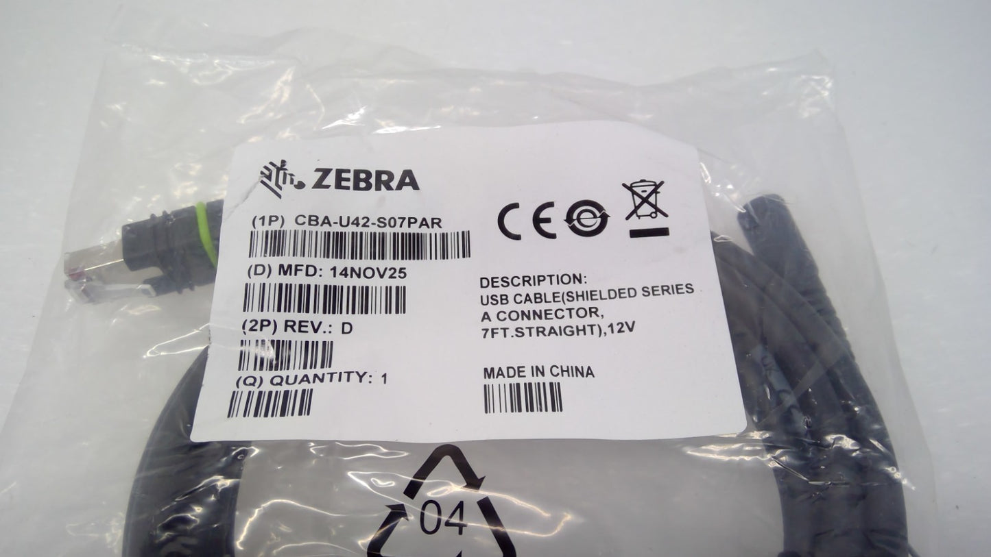 NEW ZEBRA CBA-U42-S07PAR REVISION C, SHIELDED USB CABLE ASSEMBLY 7FT 12V
