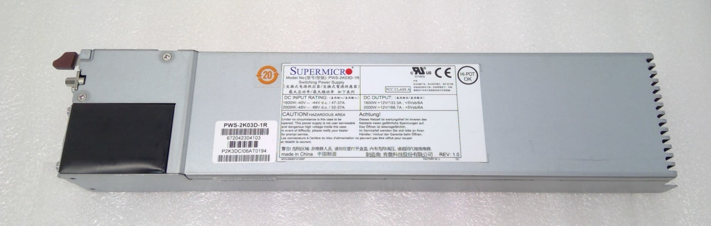 Supermicro PWS-2K03D-1R -48V DC input 2000W/1600W 1U Redundant Power Supply