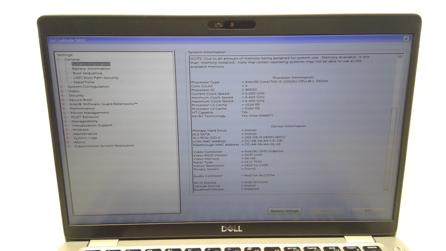 *Read* Dell Latitude 5410 14"LT i5-10310U@1.7GHz 16GB RAM 256GB SSD Win11 B12/15