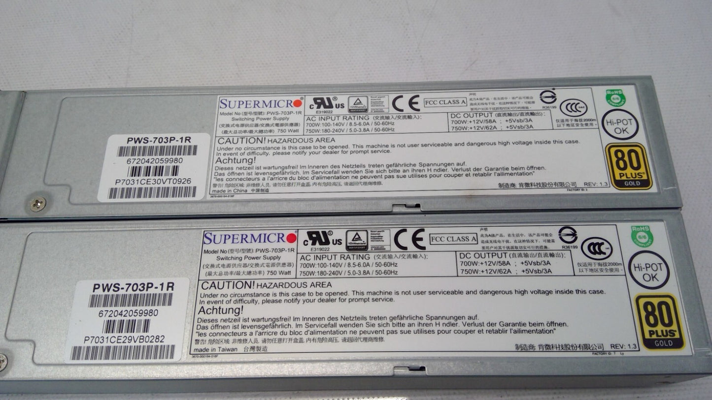 *Lot 2* Supermicro PWS-703P-1R 750W 1U Server 80+Gold PSU Switching Power Supply