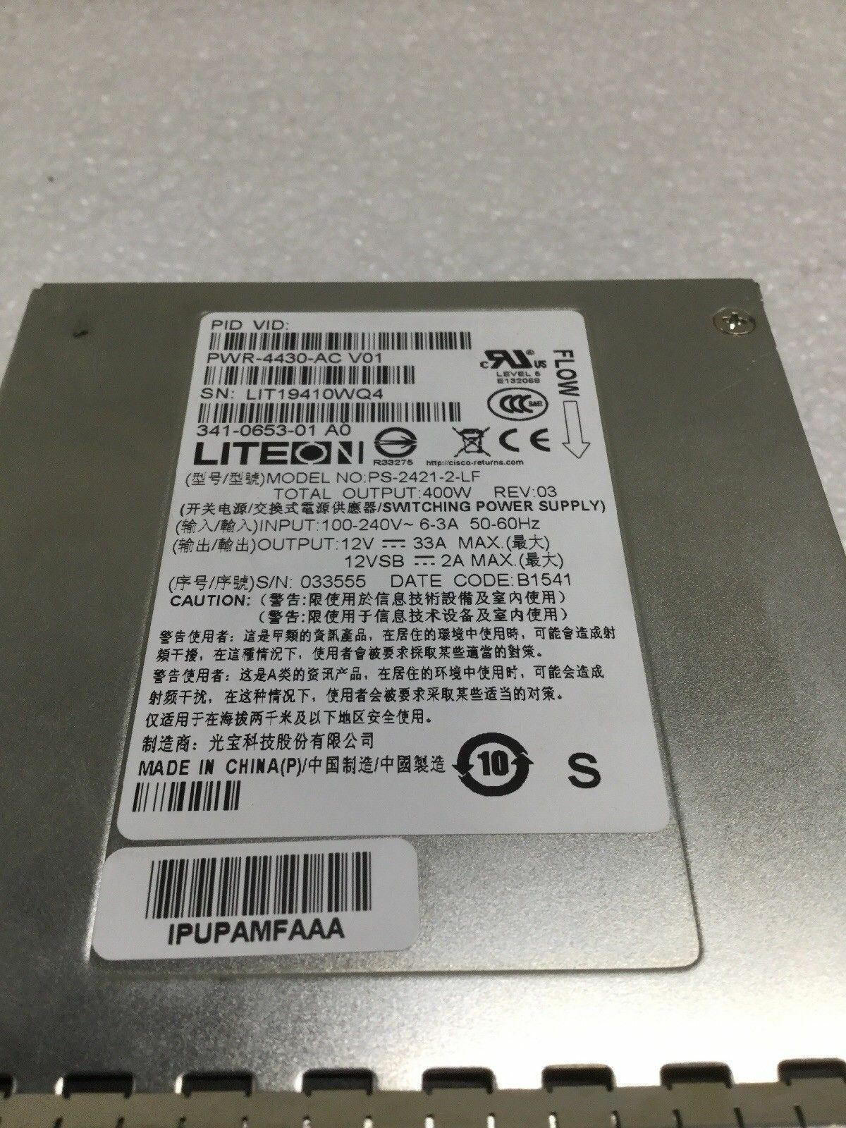 Cisco PWR-4430-AC 341-0653-01 400W Power Supply For ISR4430 Series Router