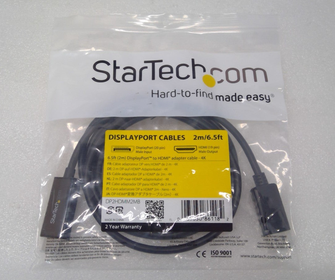 StarTech DisplayPort to HDMI Adapter Cable – 6.5 ft / 2m - 4K 30Hz DP2HDMM2MB