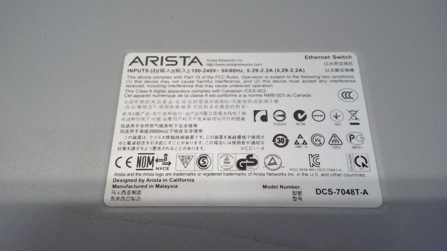 Arista DCS-7048T-A 48x RJ45 Gigabit Data Center Switch 2x PSU/cable